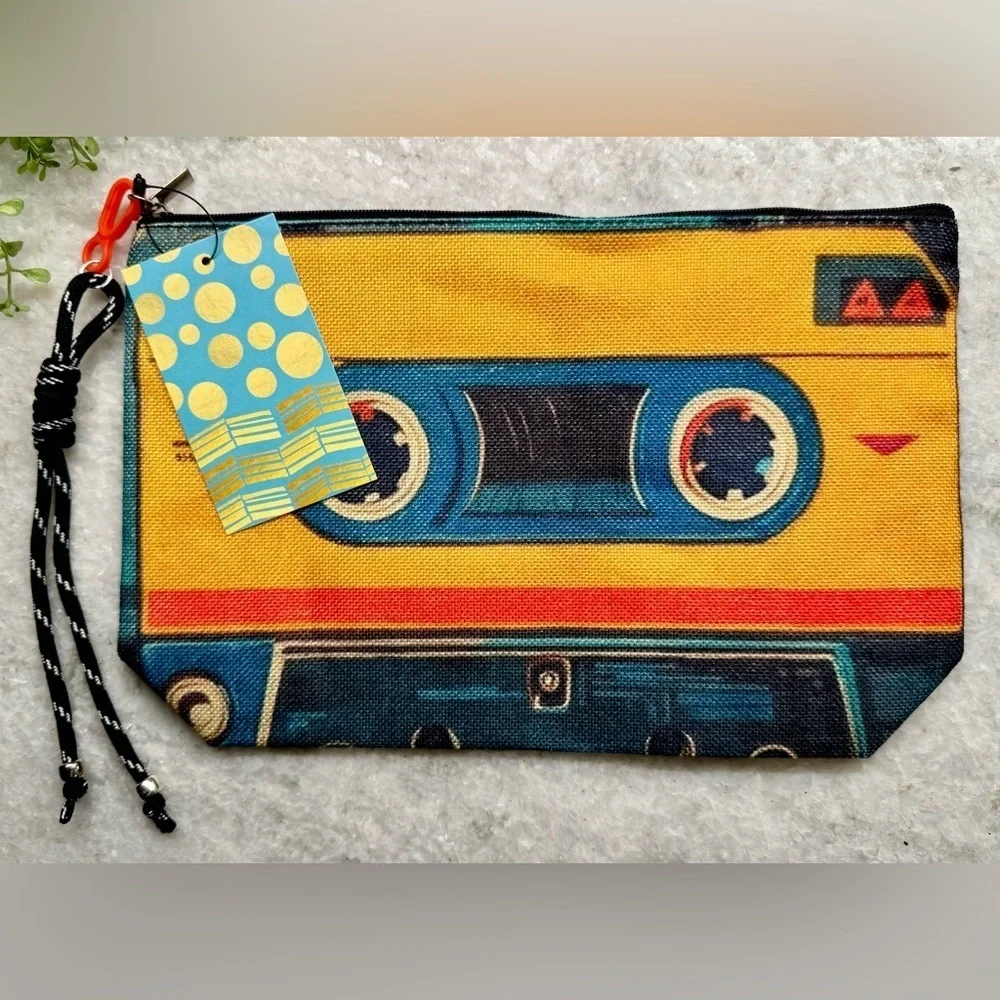 New Cassette Tape Retro 80s 90s Style Makeup Tech Pencil Bag w/ Charm - 10.5”